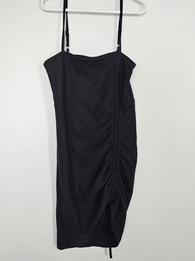 Redlips Black Textured Ruched Side String Mini Dress Adjustable Straps Small